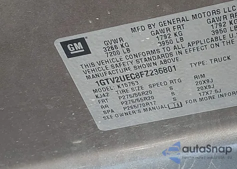 2015 GMC Sierra 1500 Sle из США, поврежденный, VIN 1GTV2UEC8FZ236801